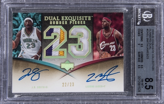 2005-06 UD "Exquisite Collection" Dual Number Pieces #DNSJ J.R. Smith/LeBron James Dual-Signed Game Used Patch Card (#22/23) – BGS NM-MT+ 8.5/BGS 10